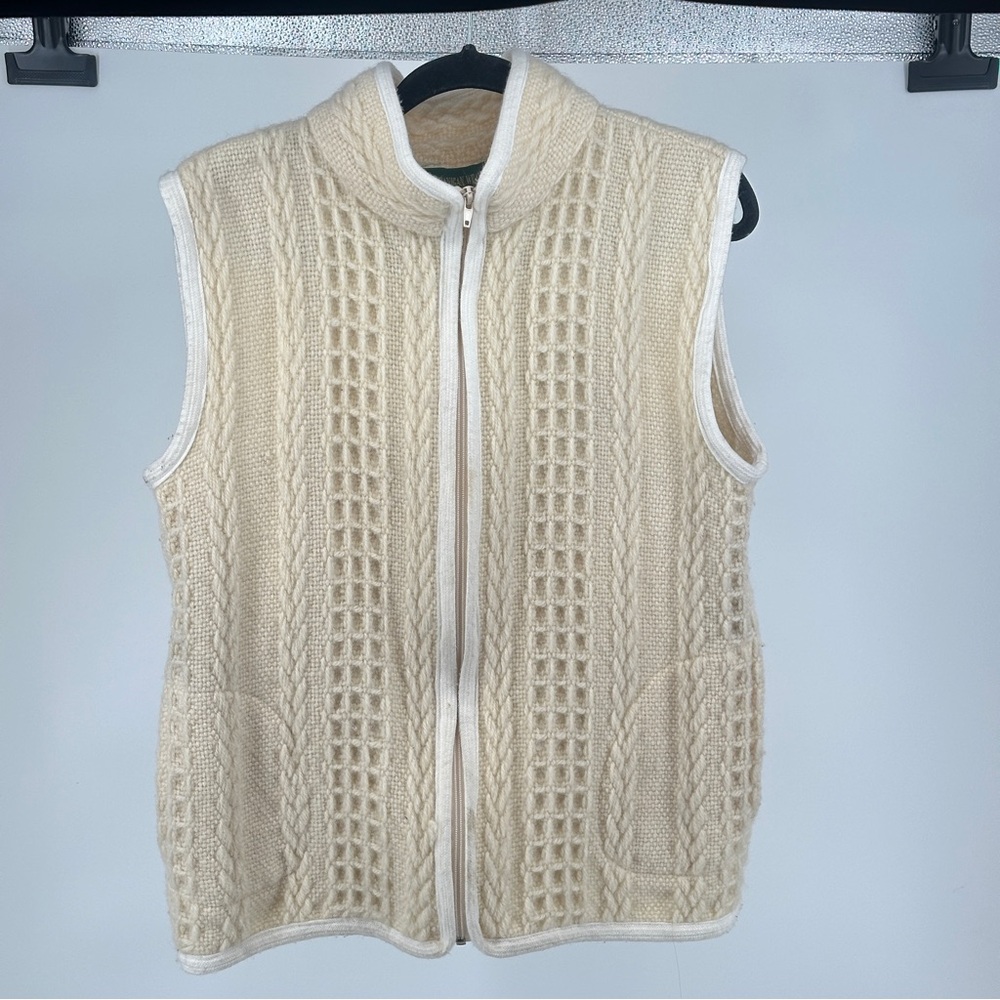 Women’s XL Cream 100% Wool Cable Knit Zip Vest Made in Ireland Vintage 90’s